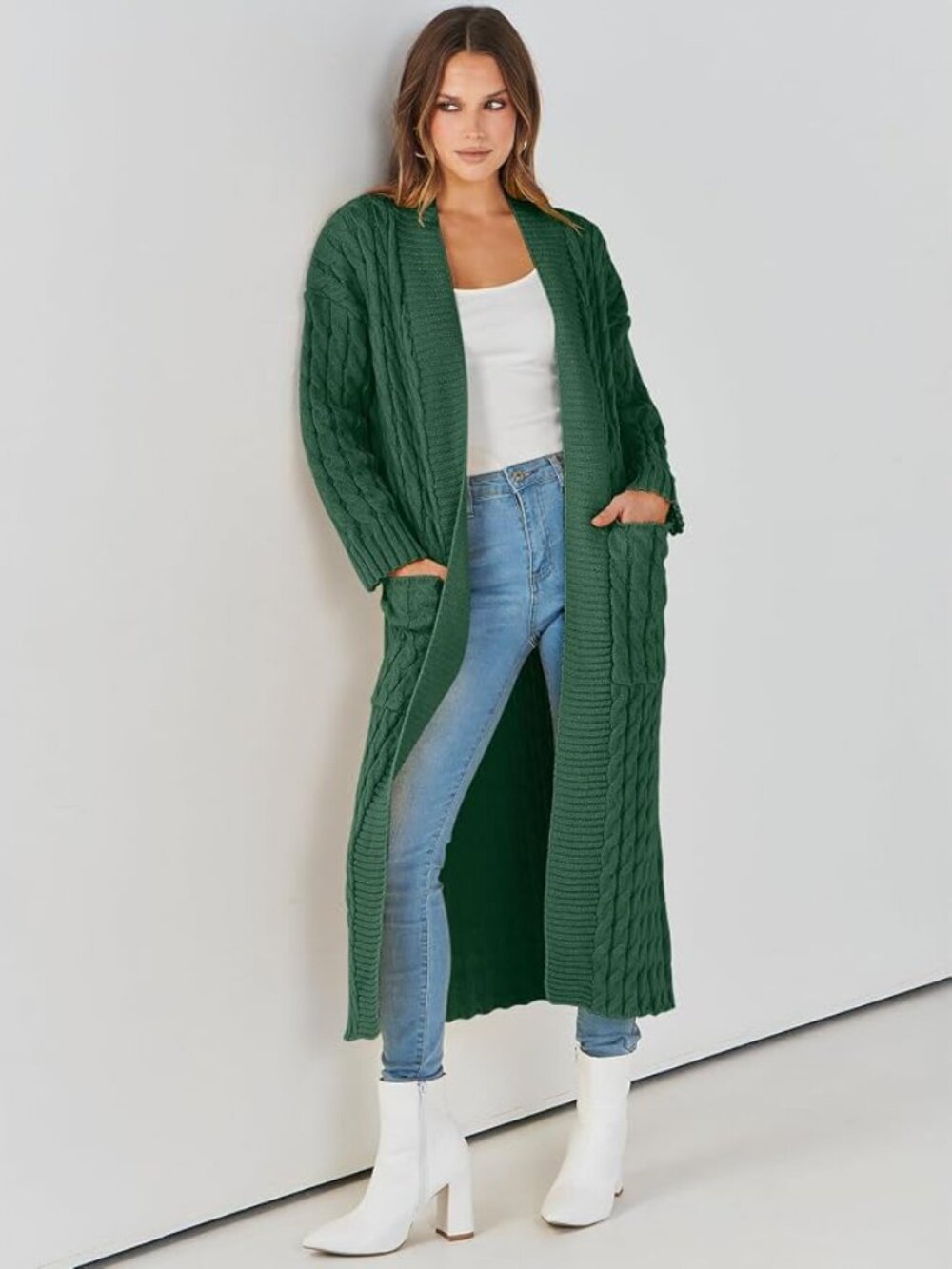 NWOT Long Cardigan Sweater / Oversized Coat Open Front Cable Knit in Green (S)